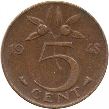 Нидерланды 5 центов 1948 год - Королева Вильгельмина