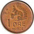 Норвегия 1 эре 1967 год - Король Улаф V. Белка
