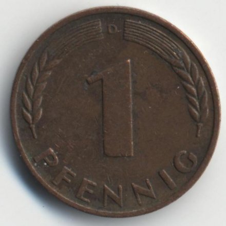 ФРГ 1 пфенниг 1967 год - D
