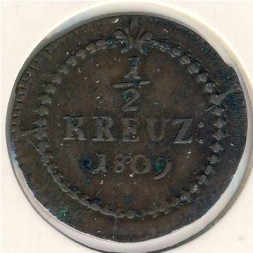 Монета Баден 1/2 крейцера 1809 год