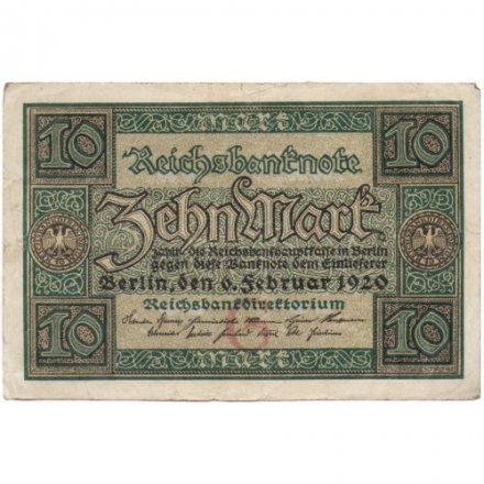 Веймарская республика 10 марок 1920 год - VF