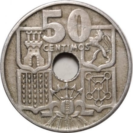 Испания 50 сентимо 1949 год - Стрелы направлены вверх (54 внутри звезды)