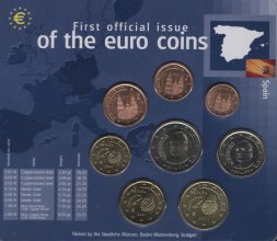 Набор из 8 евромонет Испании 2001 год (в запайке)