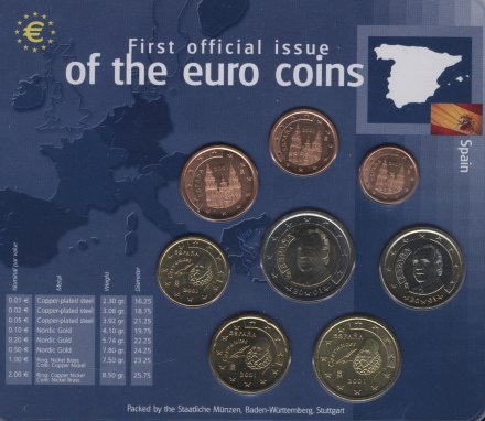 Набор из 8 евромонет Испании 2001 год (в запайке)