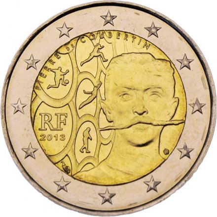 Франция 2 евро 2013 год - 150 лет со дня рождения Пьера де Кубертена