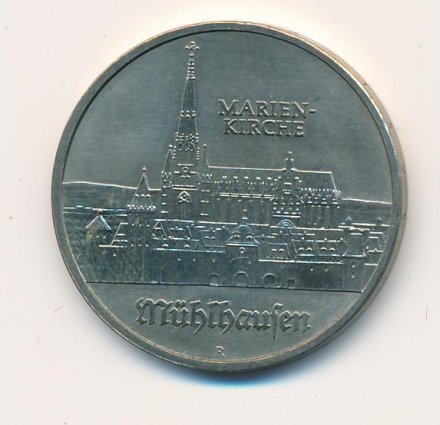 ГДР 5 марок 1989 год - 500 лет со дня рождения Томаса Мюнцера. Церковь Св. Марии в Мюльхаузен