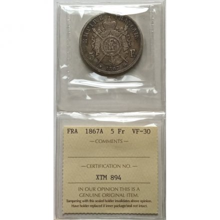 Франция 5 франков 1867 год (A) с сертификатом
