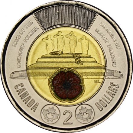 Канада 2 доллара 2025 - Чествование неизвестного солдата Канады (цветное покрытие)