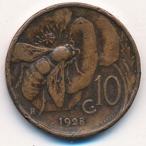 Италия 10 чентезимо 1928 год - Король Виктор Эммануил III