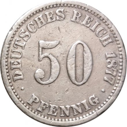 Германия 50 пфеннигов 1877 год - Без венка на аверсе (Отметка монетного двора: &quot;C&quot;)