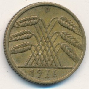 Веймарская республика 10 рейхспфеннигов 1936 год (F)