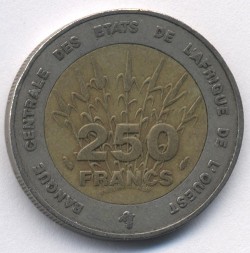 Монета Западная Африка 250 франков 1992 год