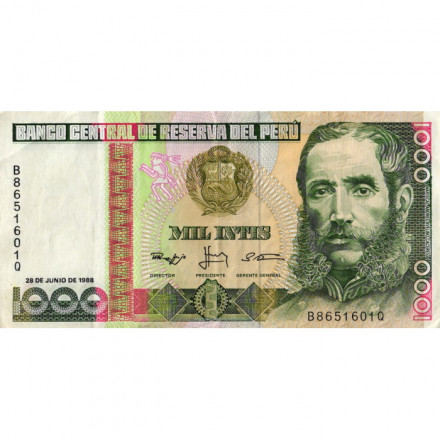 Перу 1000 инти 1988 год - Андрес Авелино Касерес. Руины Чан-Чан - VF+