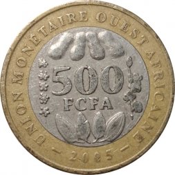 Западная Африка 500 франков 2005 год (Монетное отношение аверс/реверс (180°))