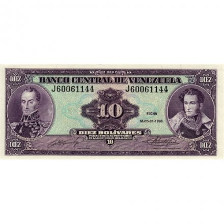 Венесуэла 10 боливаров 1990 год - Симон Боливар и Маршал Сукре. Памятник UNC