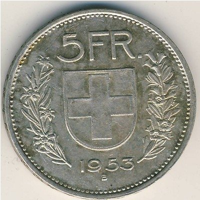 Швейцария 5 франков 1953 год
