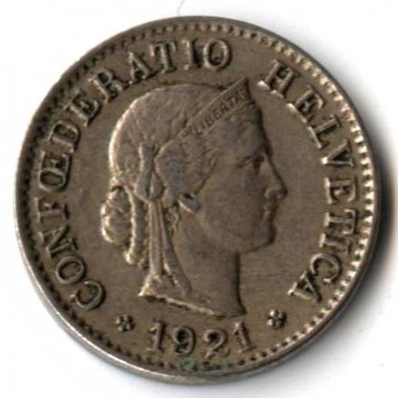 Швейцария 5 раппенов 1921 год