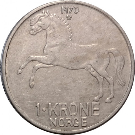Норвегия 1 крона 1970 год - Король Улаф V. Лошадь