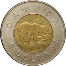 Канада 2 доллара 2006 год - Полярный медведь (год 2006 над профилем Королевы)