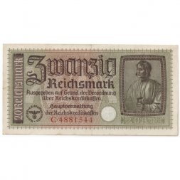Германия 20 рейхсмарок 1939-1945 годов выпуска - Немецкие оккупационные территории - XF