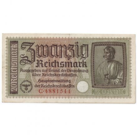 Германия 20 рейхсмарок 1939-1945 годов выпуска - Немецкие оккупационные территории - XF