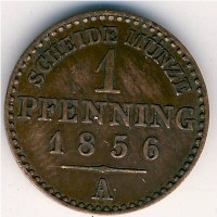 Монета Пруссия 1 пфеннинг 1856 год