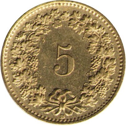 Швейцария 5 раппенов 1991 год