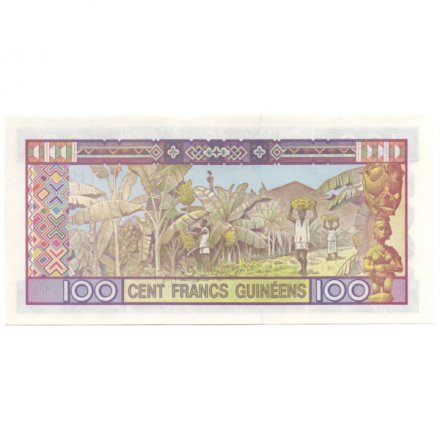 Гвинея 100 франков 1985 год - Герб Гвинеи. Рабочие на плантации - UNC