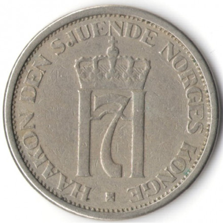 Норвегия 1 крона 1951 год - Король Хокон VII (без отверстия)