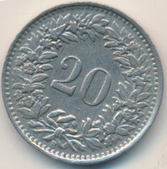 Швейцария 20 раппенов 1945 год