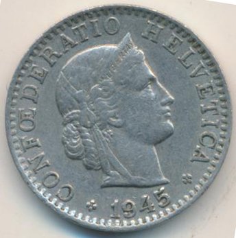 Швейцария 20 раппенов 1945 год