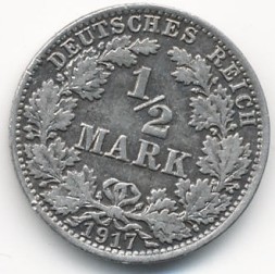 Германия 1/2 марки 1917 год (А)