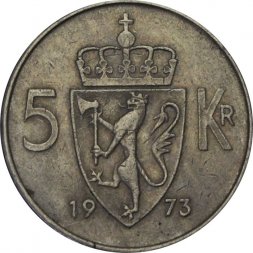 Норвегия 5 крон 1973 год - Король Улаф V