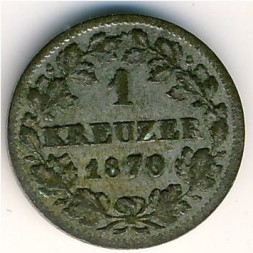 Монета Бавария 1 крейцер 1870 год