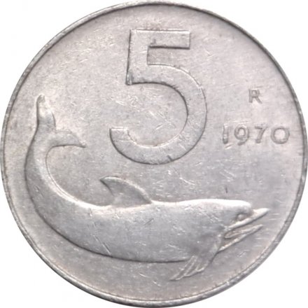Италия 5 лир 1970 год - Дельфин
