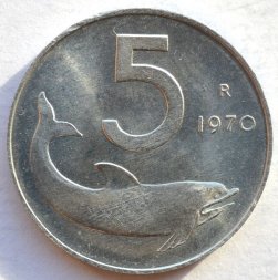 Италия 5 лир 1970 год Дельфин