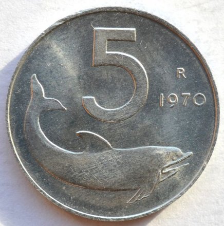 Италия 5 лир 1970 год Дельфин