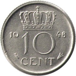 Нидерланды 10 центов 1948 год - Королева Вильгельмина