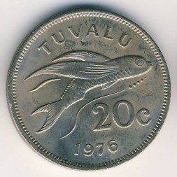 Монета Тувалу 20 центов 1976 год - Летучая рыба