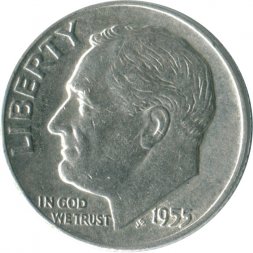США 1 дайм (10 центов) 1955 год - Рузвельт (без отметки МД)