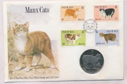 Остров Мэн 1 крона 1988 год - Кошки. Мэнская кошка (в конверте с маркой)