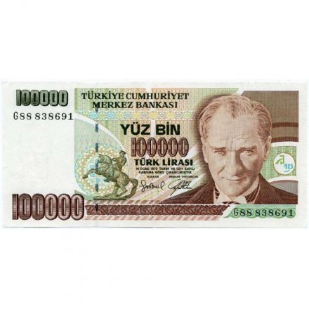 Турция 100000 лир 1997 год - Президент Кемаль Ататюрк. Дети преподносят цветы Ататюрку - XF