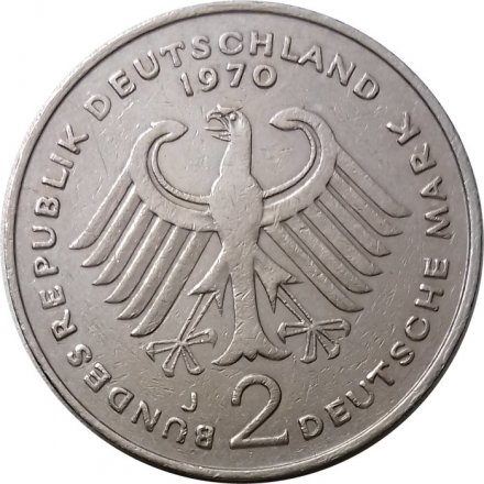 ФРГ 2 марки 1970 год (J) - Конрад Аденауэр, 20 лет Федеративной Республике (1949-1969)