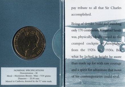 Австралия 1 доллар 1997 год - Чарльз Кингсфорд-Смит и карта мира (в буклете, С)