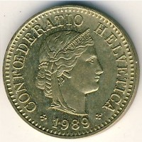 Монета Швейцария 5 раппенов 1989 год