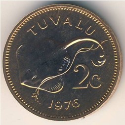 Монета Тувалу 2 цента 1976 год - Электрический скат