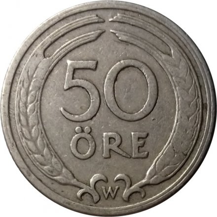 Швеция 50 эре 1920 год - Король Густав V (маленький тираж)