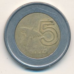 Монета Перу 5 новых солей 1995 год
