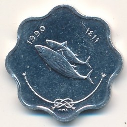 Монета Мальдивы 5 лаари 1990 (AH 1410) год - Атлантическая пеламида (бонито)