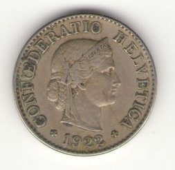 Швейцария 5 раппенов 1922 год
